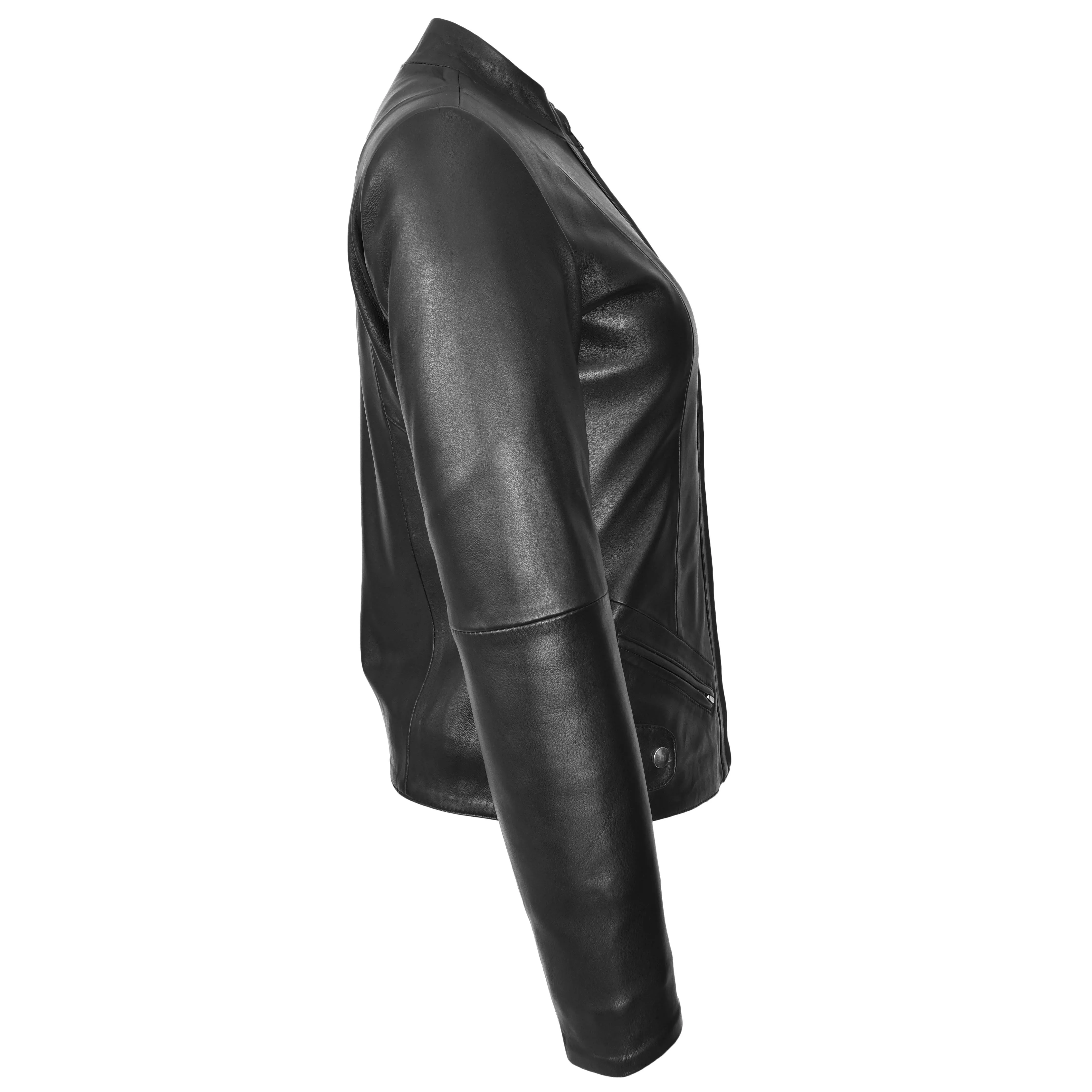 Womens Real Leather Slim Fit Biker Standing Collar Style Jacket Nibi Black