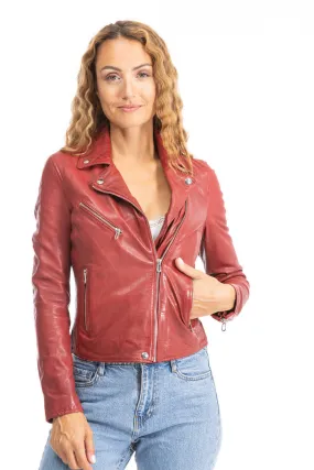 Women's red biker style leather jacket 101964