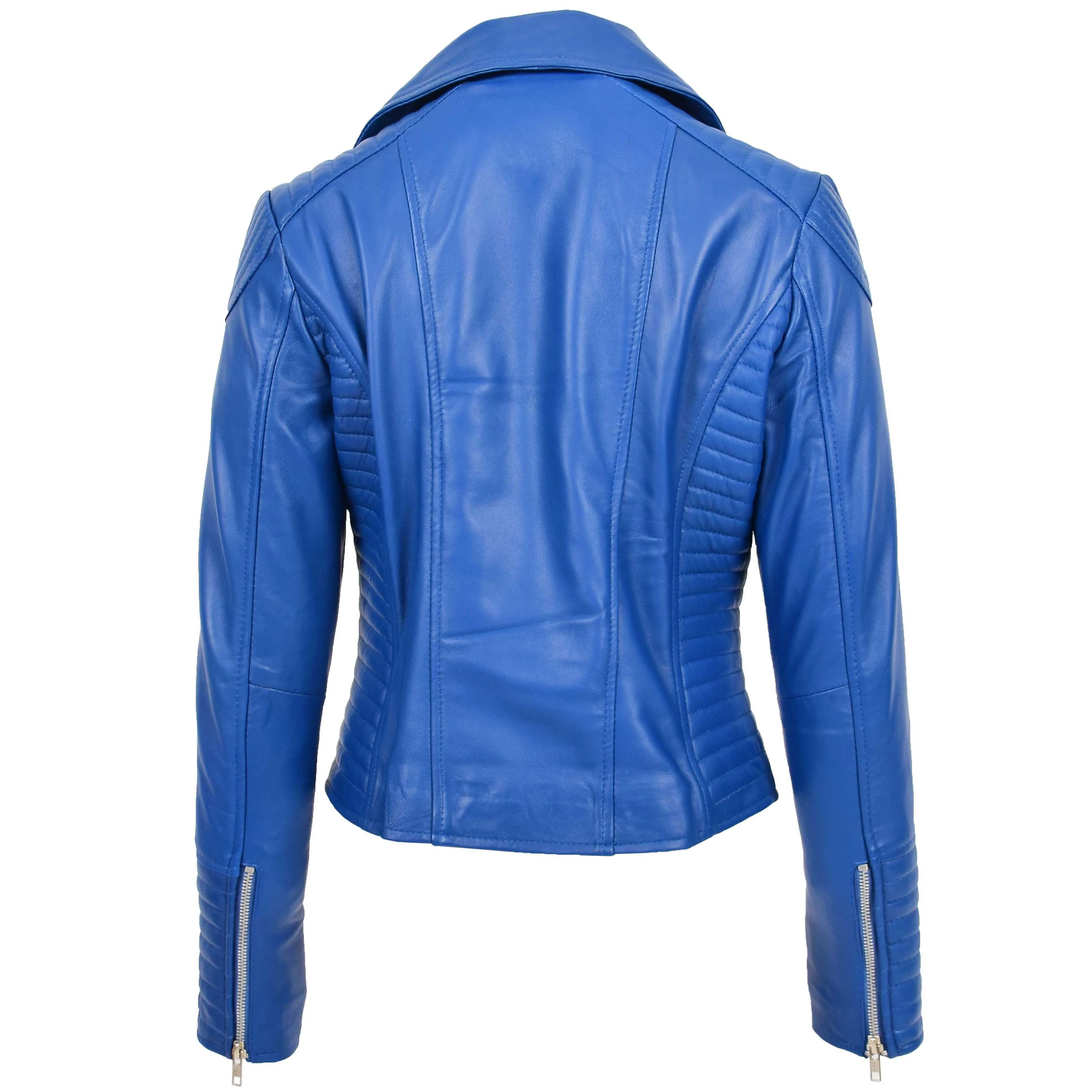 Womens Soft Leather Cross Zip Biker Jacket Anna Blue