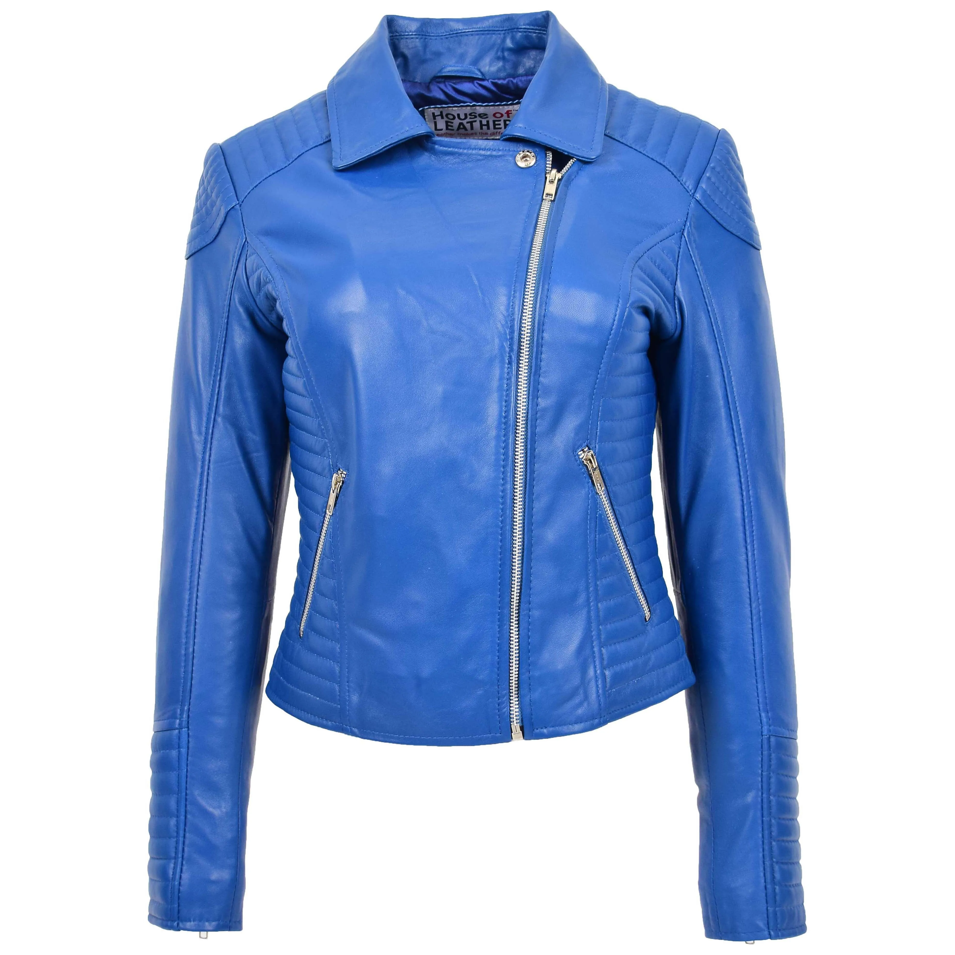 Womens Soft Leather Cross Zip Biker Jacket Anna Blue