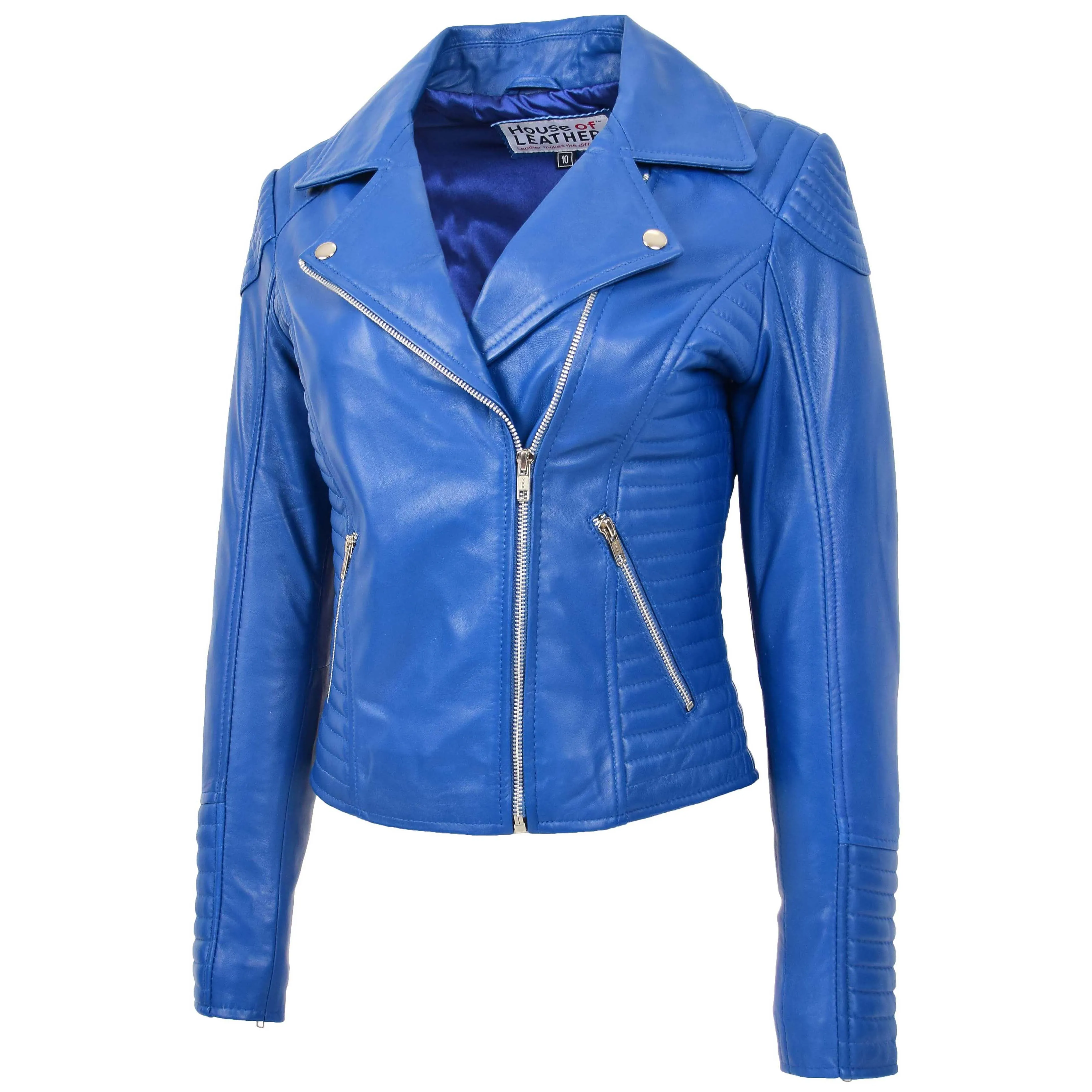 Womens Soft Leather Cross Zip Biker Jacket Anna Blue