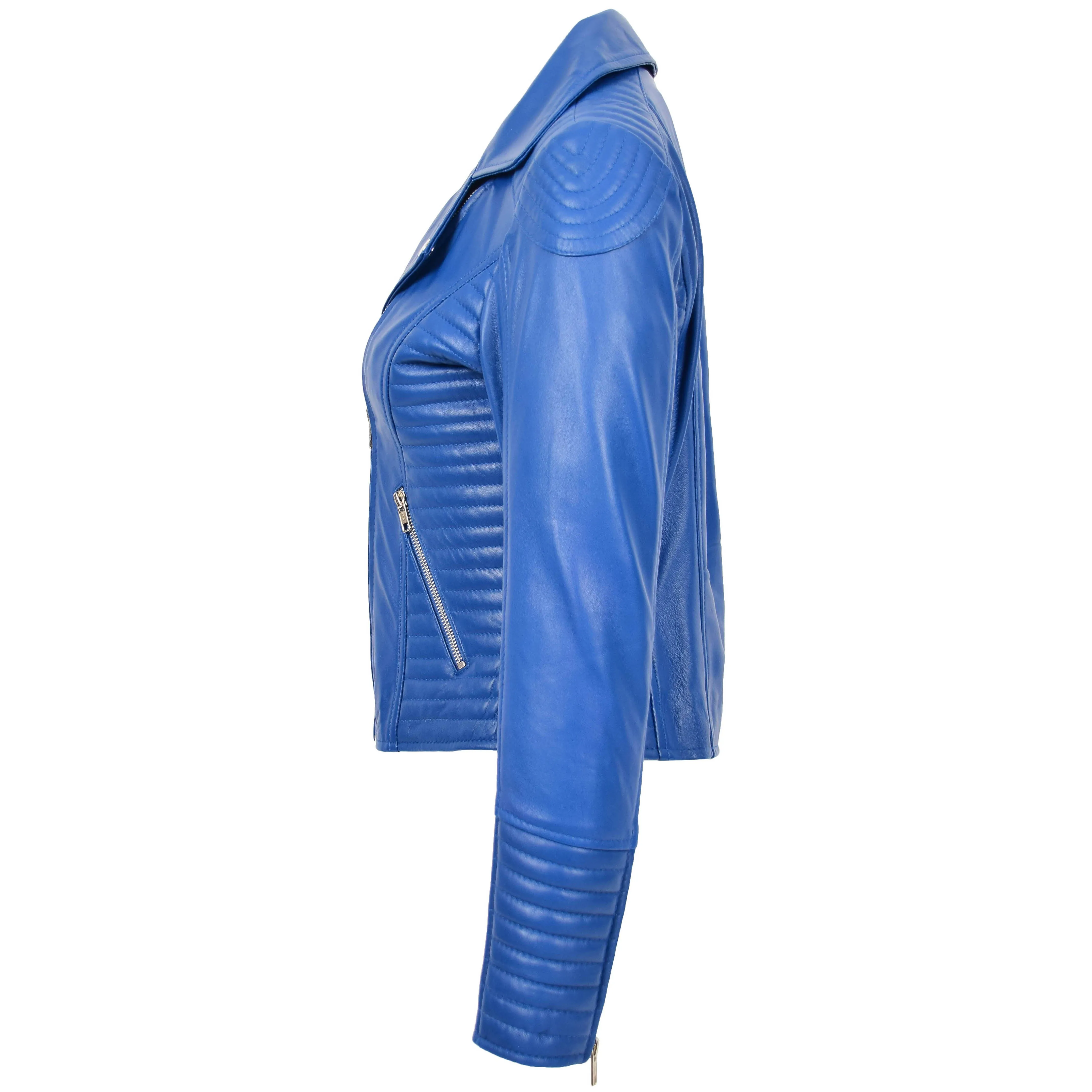 Womens Soft Leather Cross Zip Biker Jacket Anna Blue