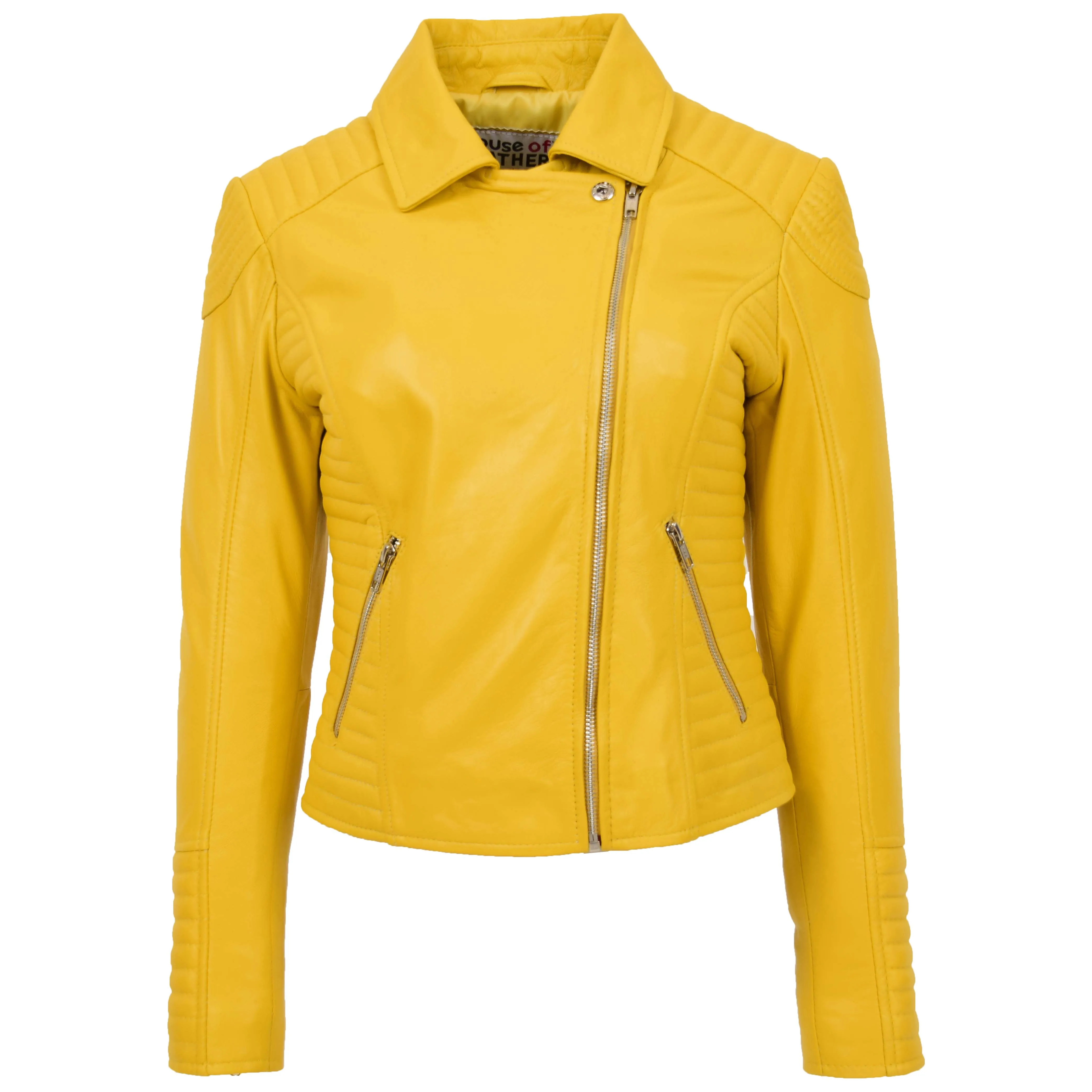 Womens Soft Leather Cross Zip Biker Jacket Anna Yellow