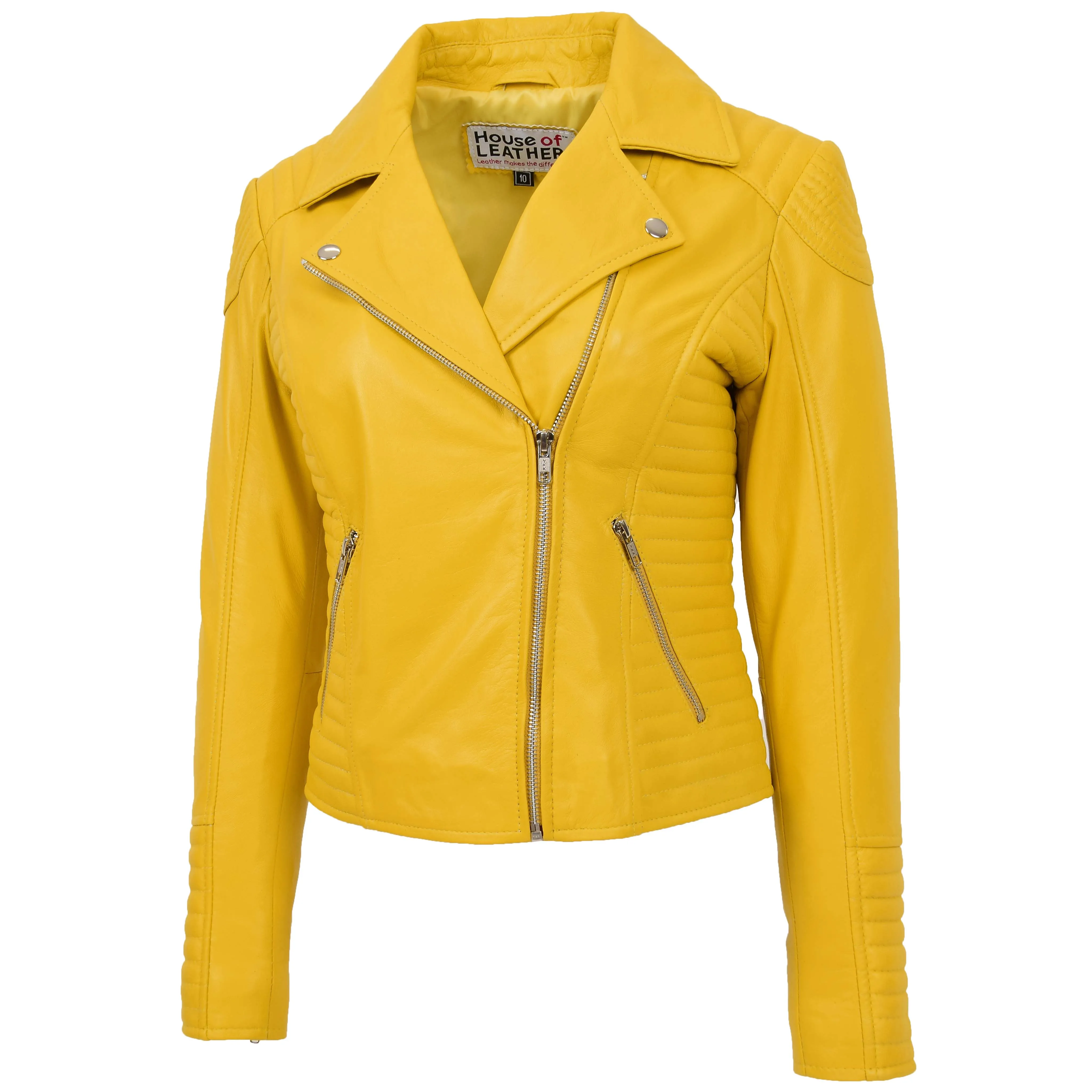 Womens Soft Leather Cross Zip Biker Jacket Anna Yellow