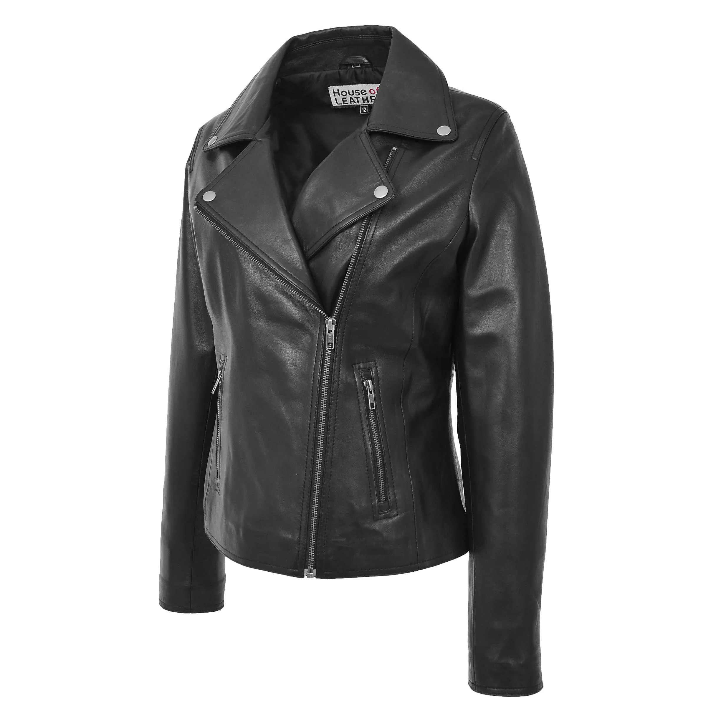 Womens Soft Leather Cross Zip Biker Jacket Lola Black