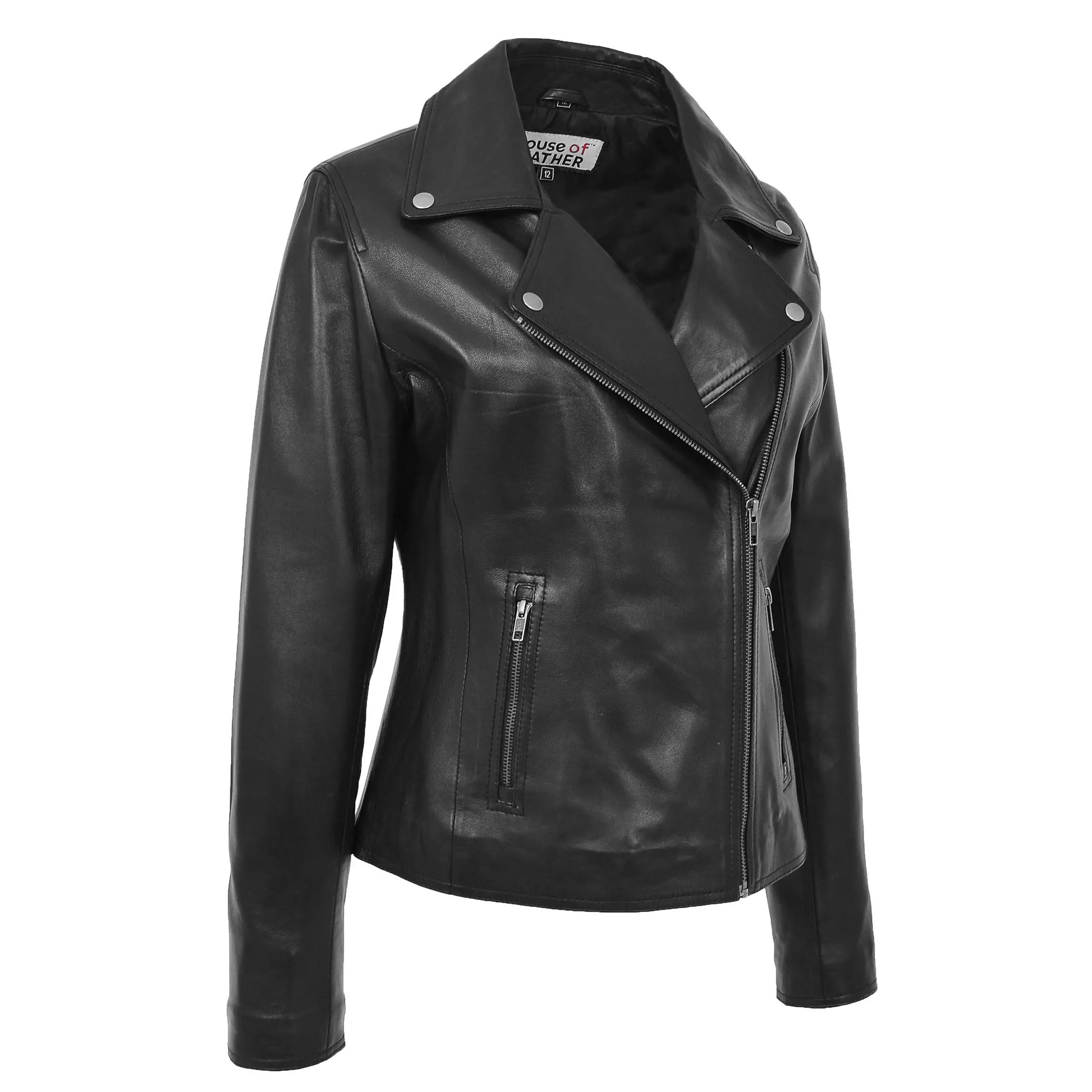 Womens Soft Leather Cross Zip Biker Jacket Lola Black