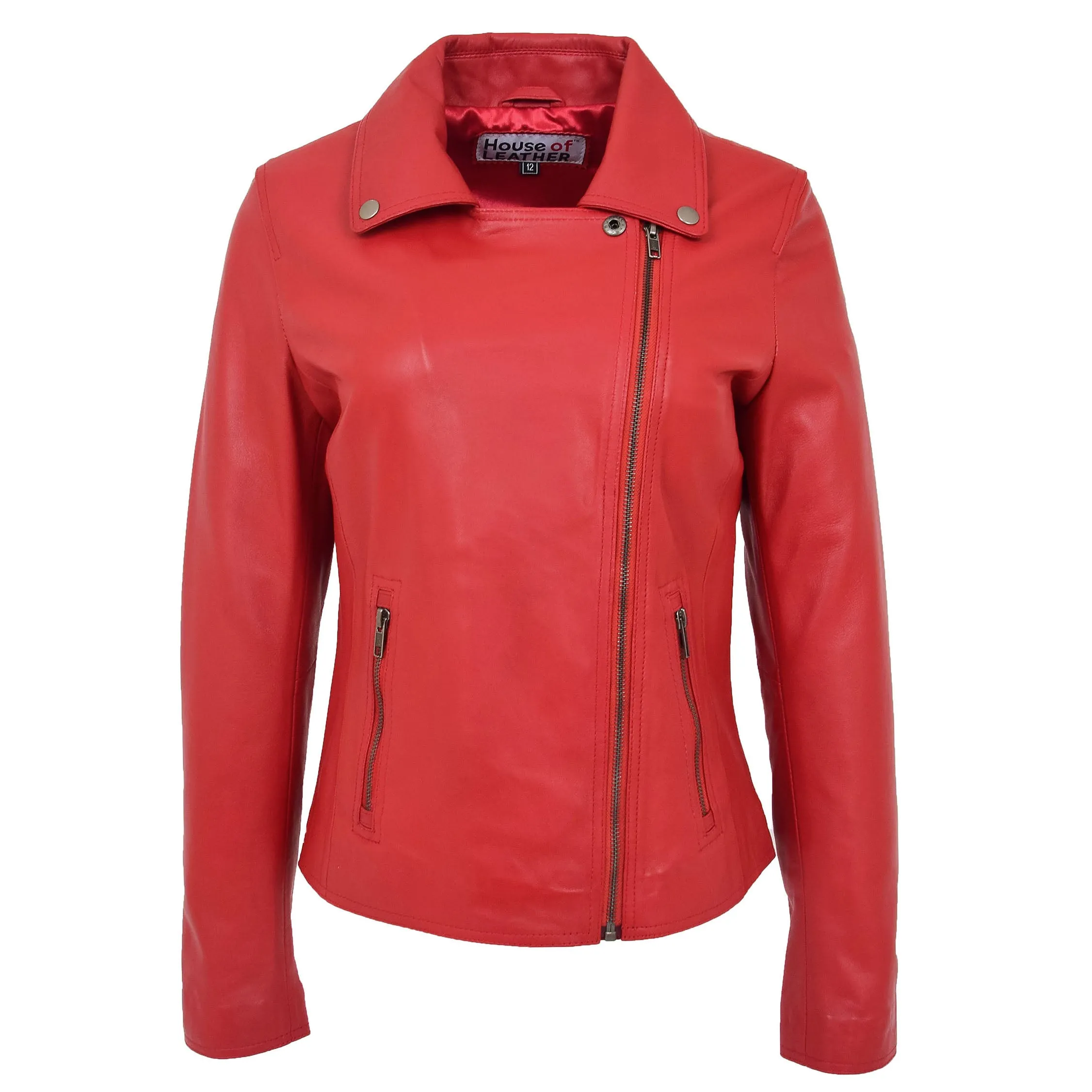 Womens Soft Leather Cross Zip Biker Jacket Lola Red