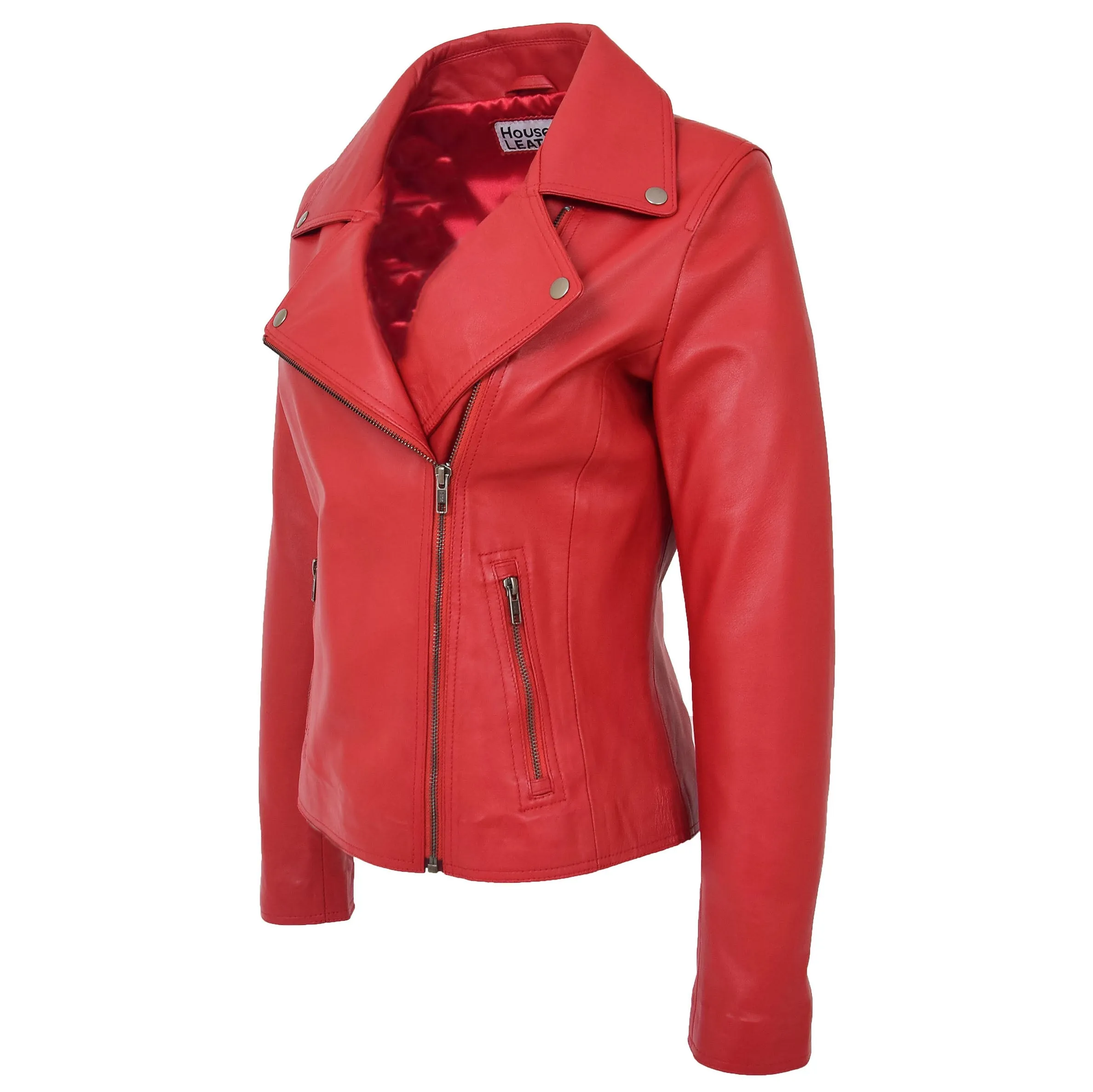 Womens Soft Leather Cross Zip Biker Jacket Lola Red