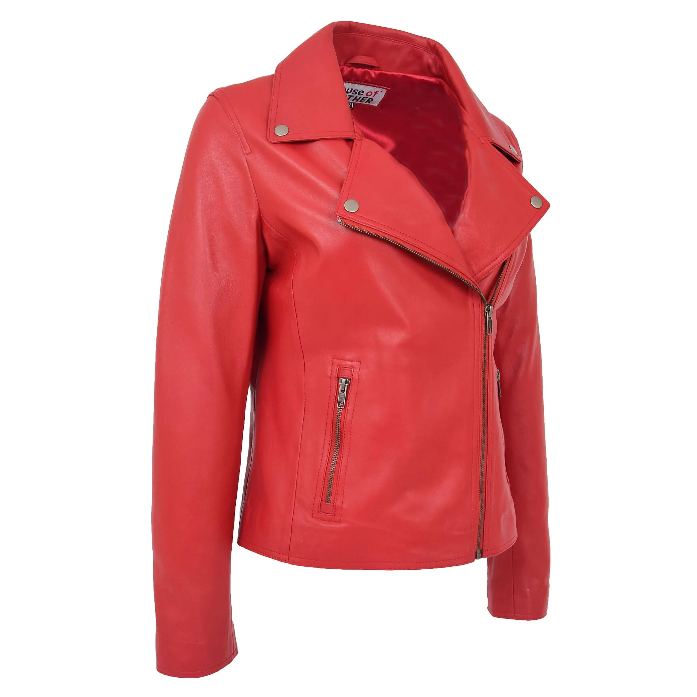 Womens Soft Leather Cross Zip Biker Jacket Lola Red