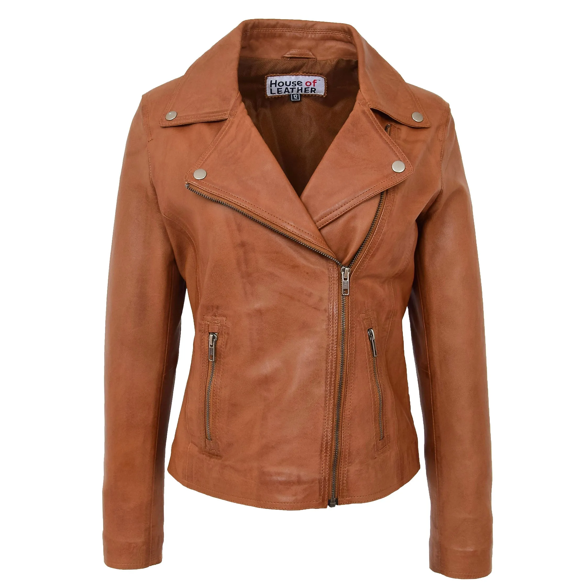 Womens Soft Leather Cross Zip Biker Jacket Lola Tan