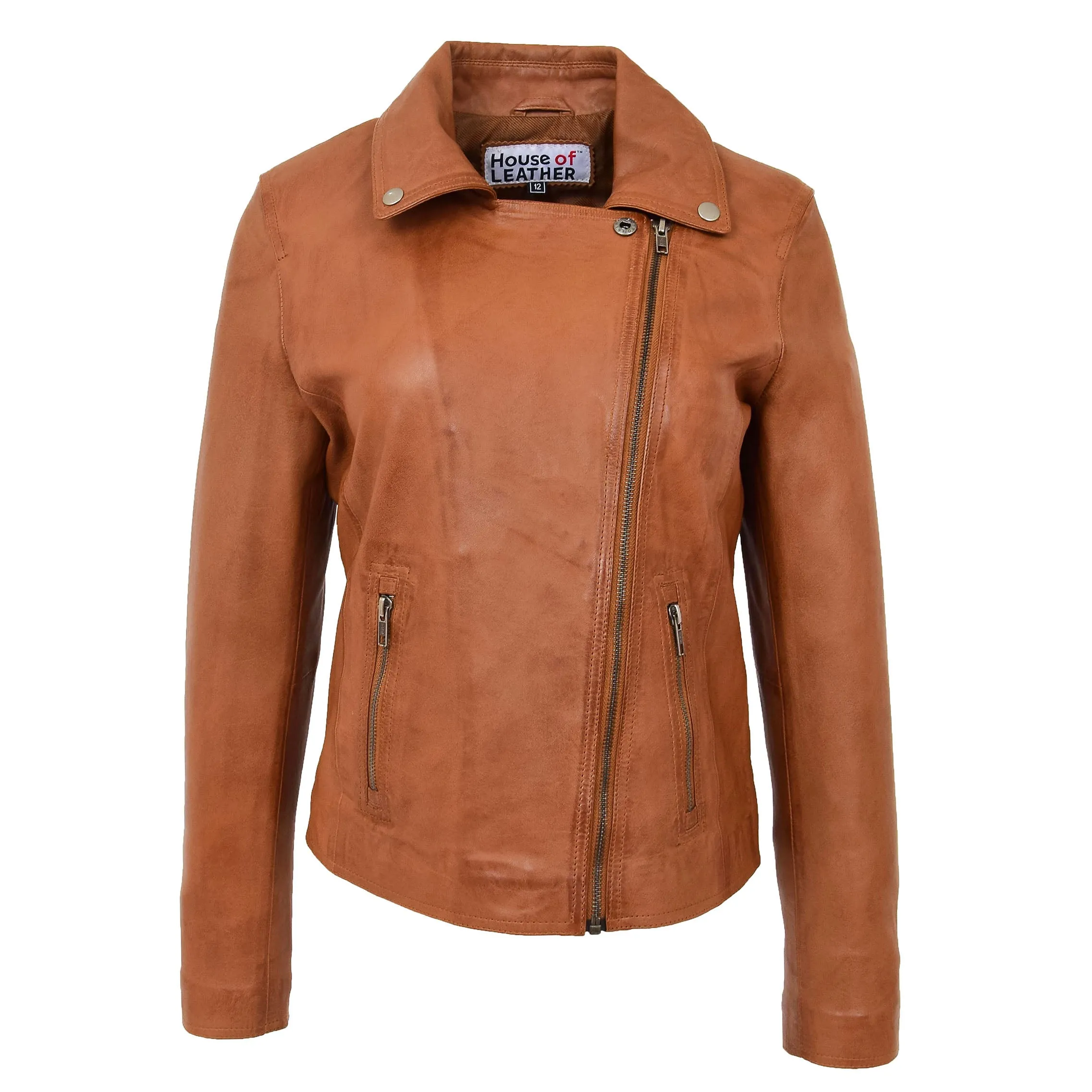 Womens Soft Leather Cross Zip Biker Jacket Lola Tan