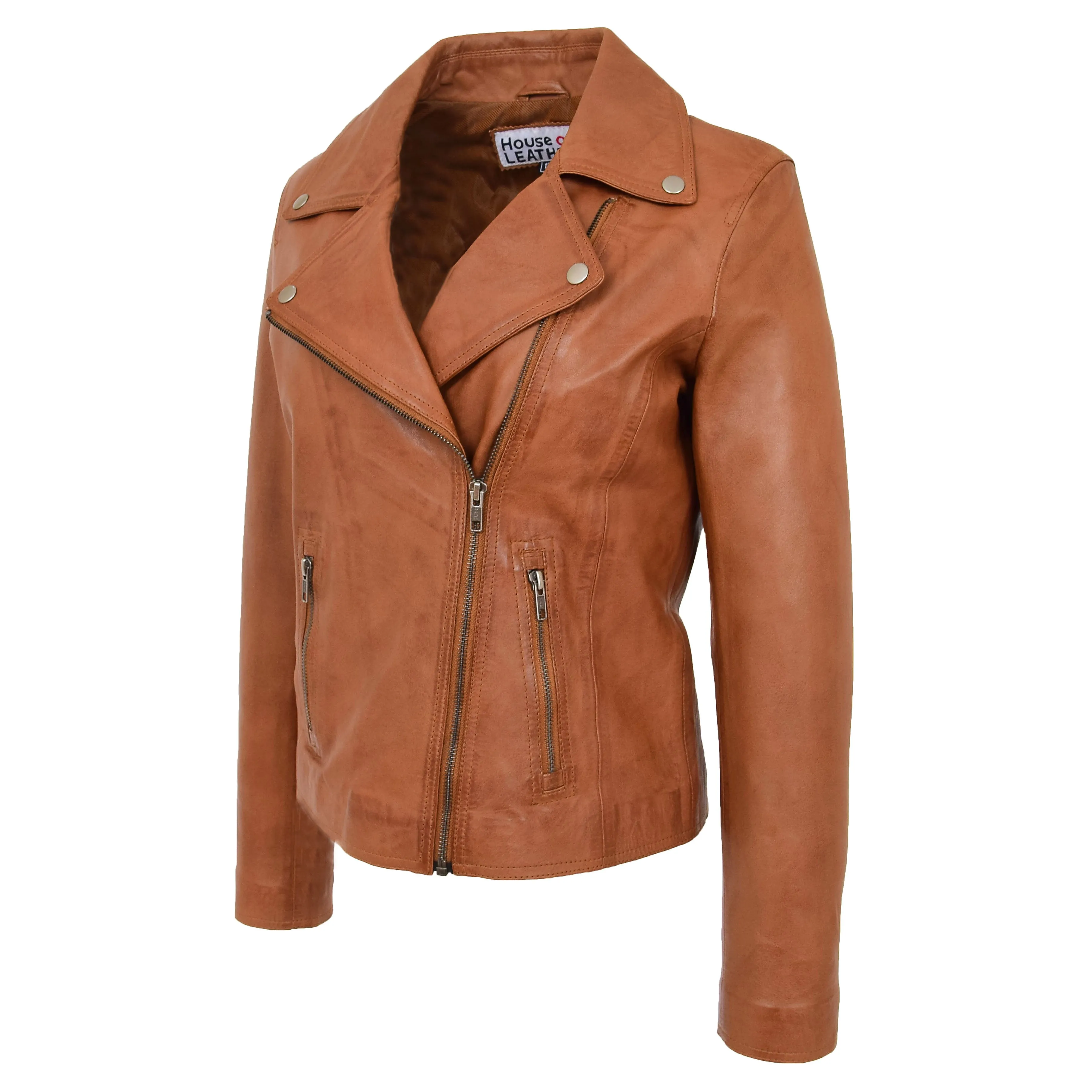 Womens Soft Leather Cross Zip Biker Jacket Lola Tan