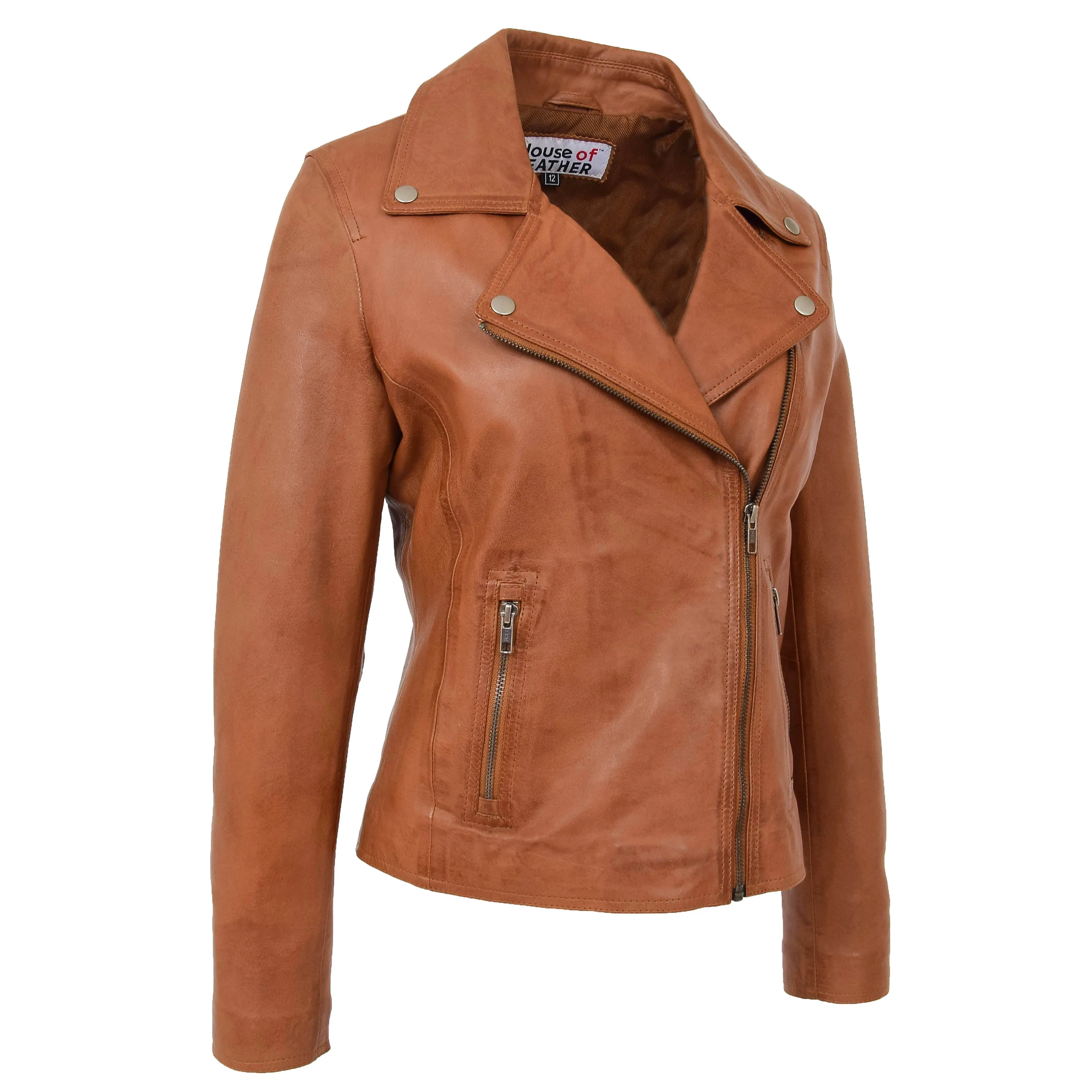 Womens Soft Leather Cross Zip Biker Jacket Lola Tan