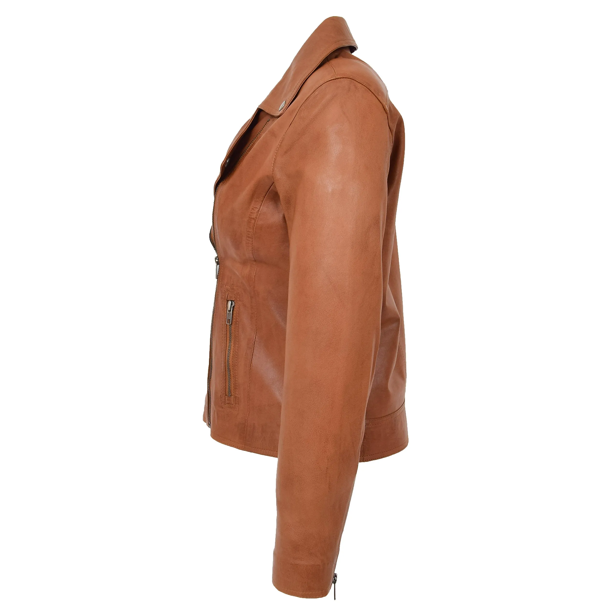 Womens Soft Leather Cross Zip Biker Jacket Lola Tan