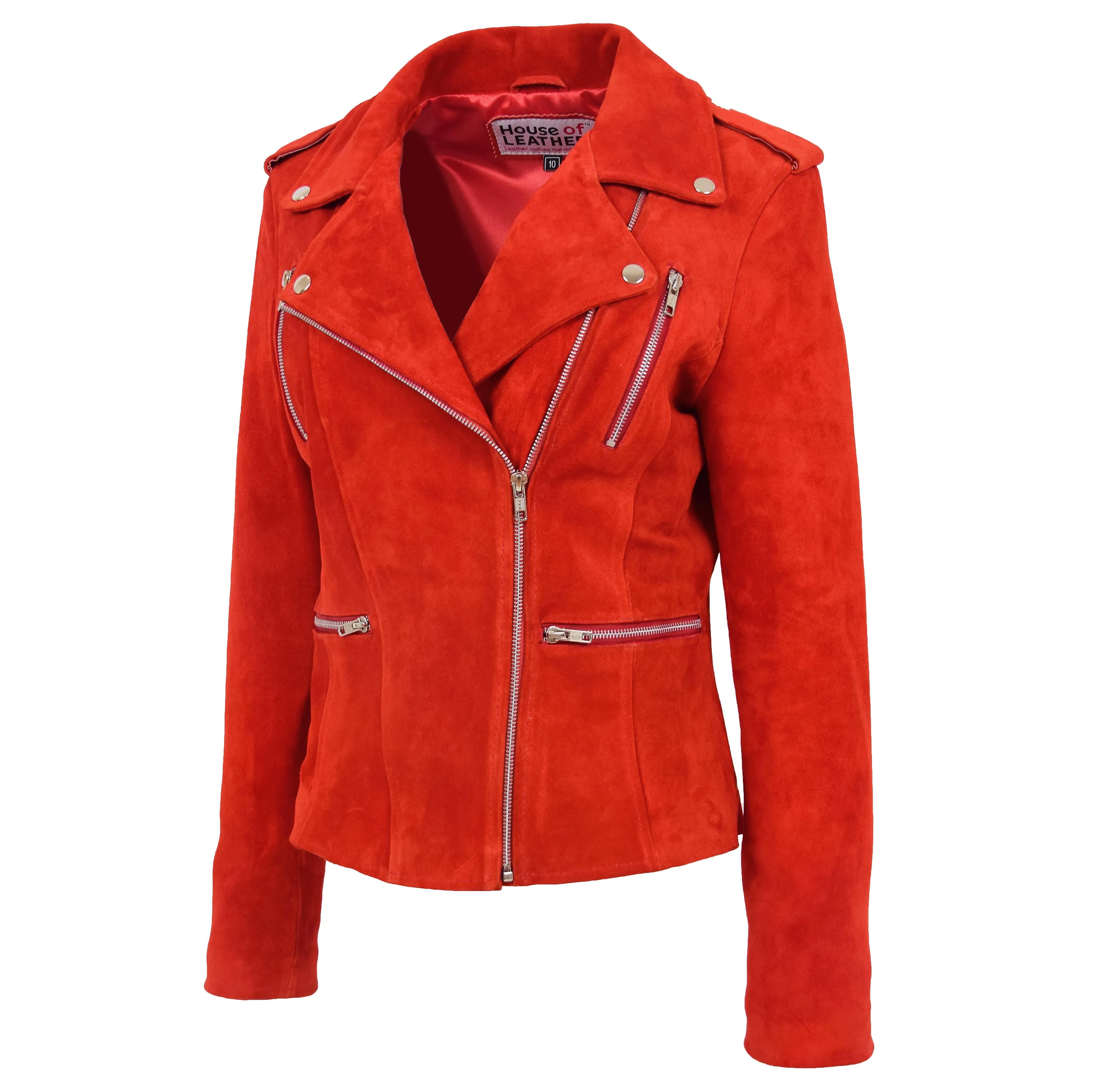 Womens Suede Biker Style Zip Jacket Skylar Red