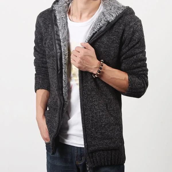 Wool Zip Up Hoodie for Men with Inside Fur - Plain Model