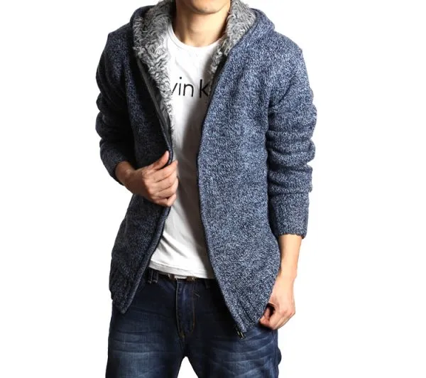 Wool Zip Up Hoodie for Men with Inside Fur - Plain Model