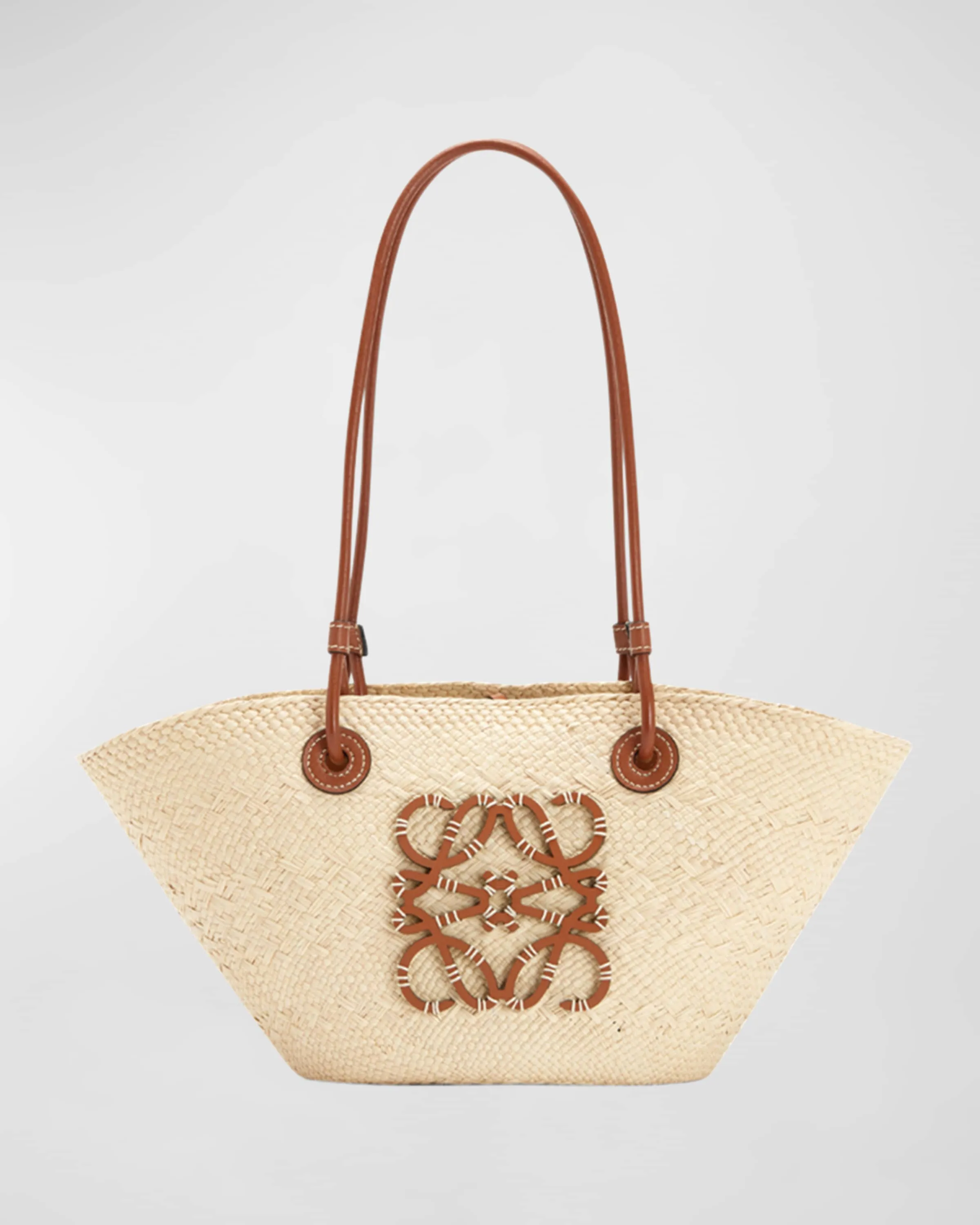 x Paula's Ibiza Anagram Small Basket Bag in Iraca Palm with Leather Handles