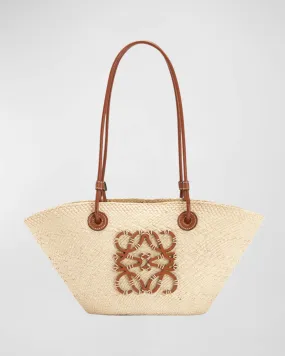 x Paula's Ibiza Anagram Small Basket Bag in Iraca Palm with Leather Handles