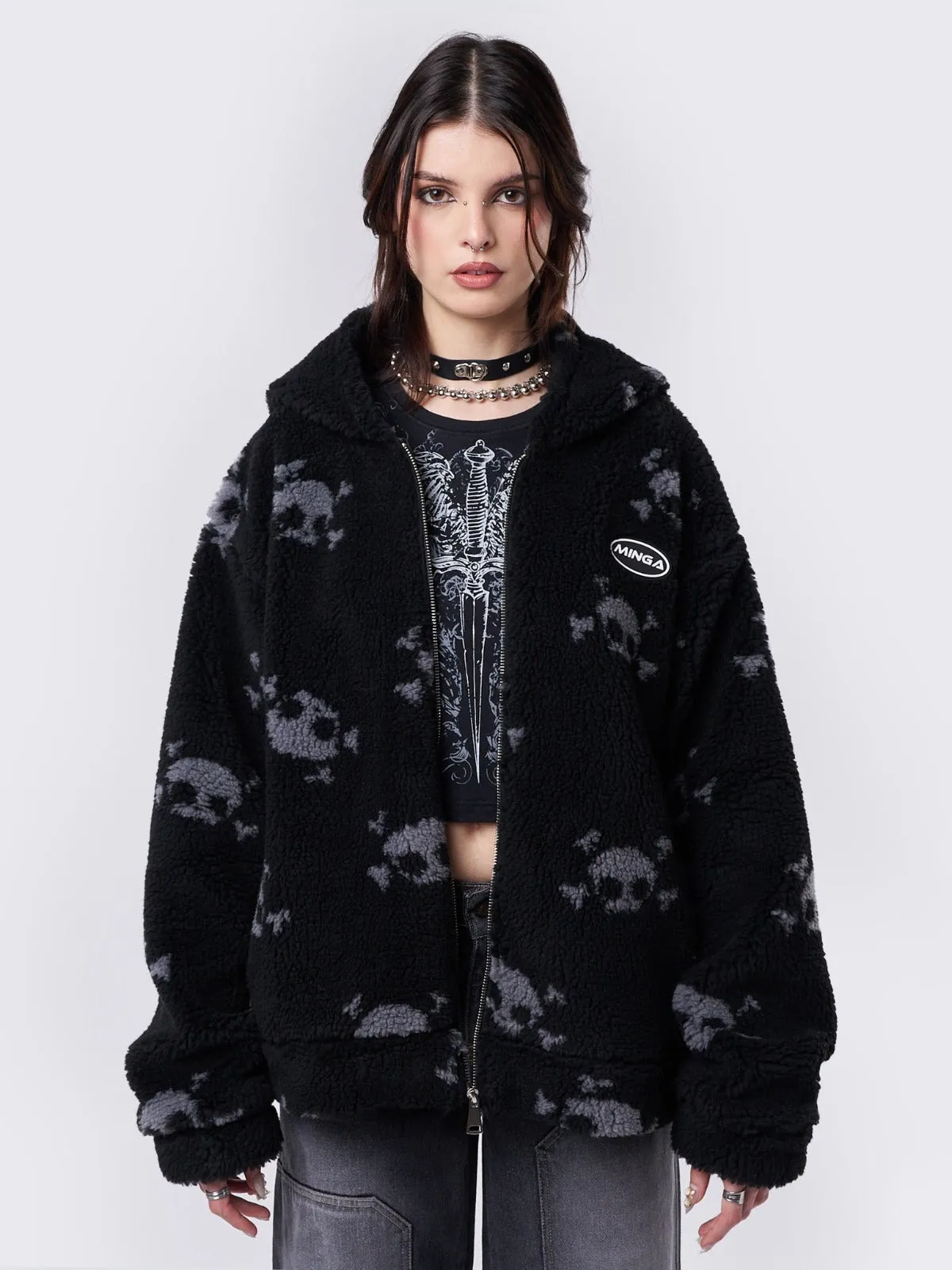 Zaya Skull Fleece Zip Up Hooded Jacket