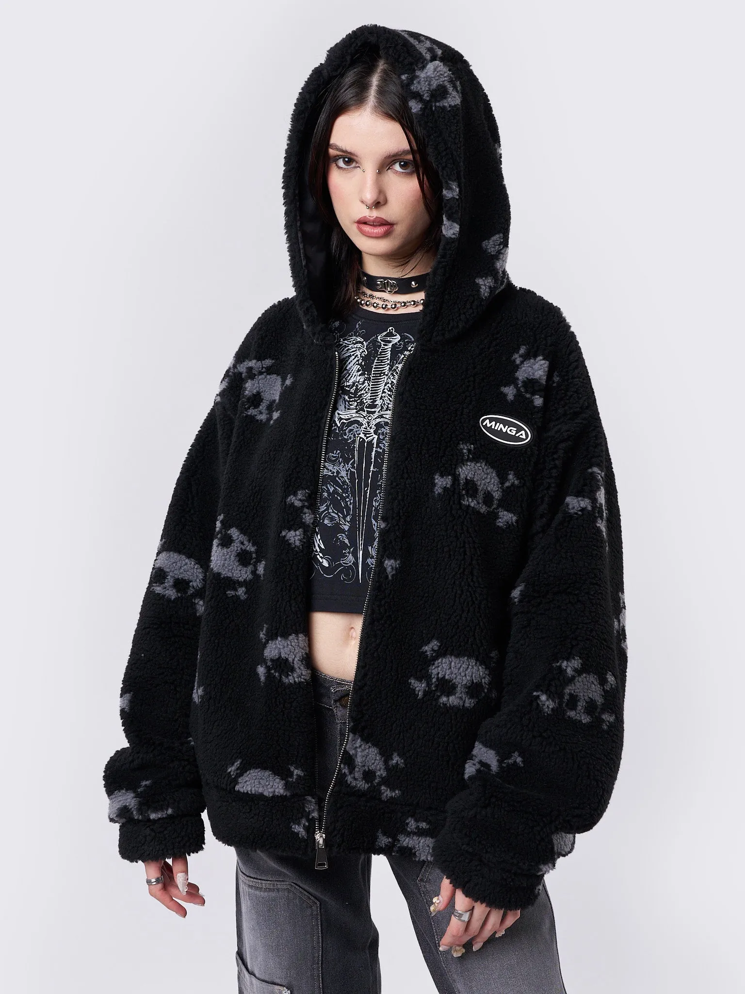 Zaya Skull Fleece Zip Up Hooded Jacket