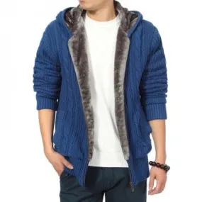 Zip Up Hoodie for Men Thick Wool with Fur Inside Twisted Wool knit