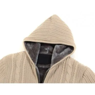 Zip Up Hoodie for Men Thick Wool with Fur Inside Twisted Wool knit