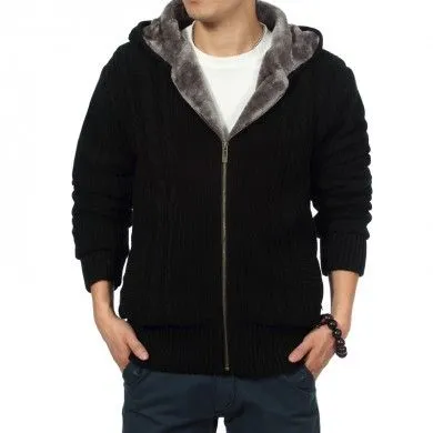 Zip Up Hoodie for Men Thick Wool with Fur Inside Twisted Wool knit