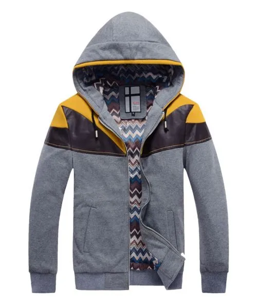 Zip up Hoodie for men with PU Leather shoulder contrast Sport fashion