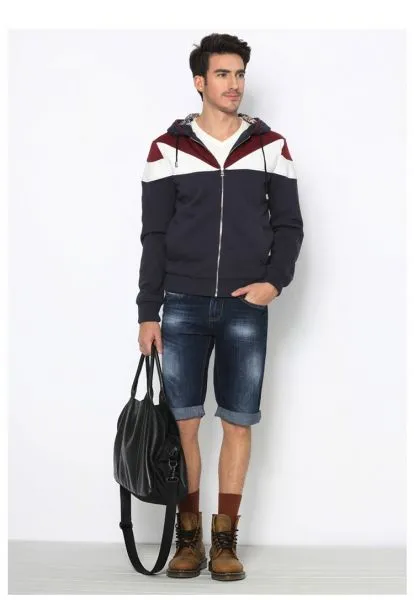 Zip up Hoodie for men with PU Leather shoulder contrast Sport fashion