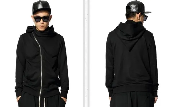 Zip up Hoodie with Offset Zipper for Men - Black