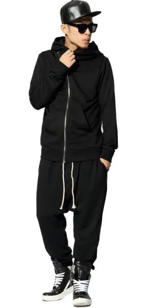 Zip up Hoodie with Offset Zipper for Men - Black