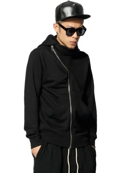 Zip up Hoodie with Offset Zipper for Men - Black